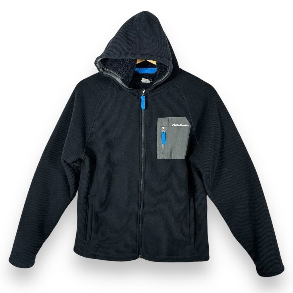 Eddie Bauer Hooded Shearling Full Zip Welt Knit Jacket, Navy/Grey, Size L/14-16